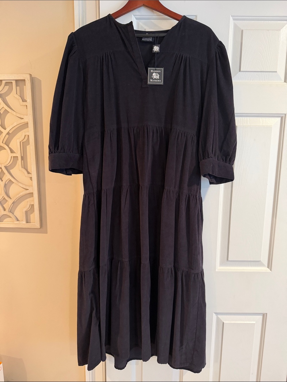 Madison Mathews Tiered Maxi Navy Corduroy Dress